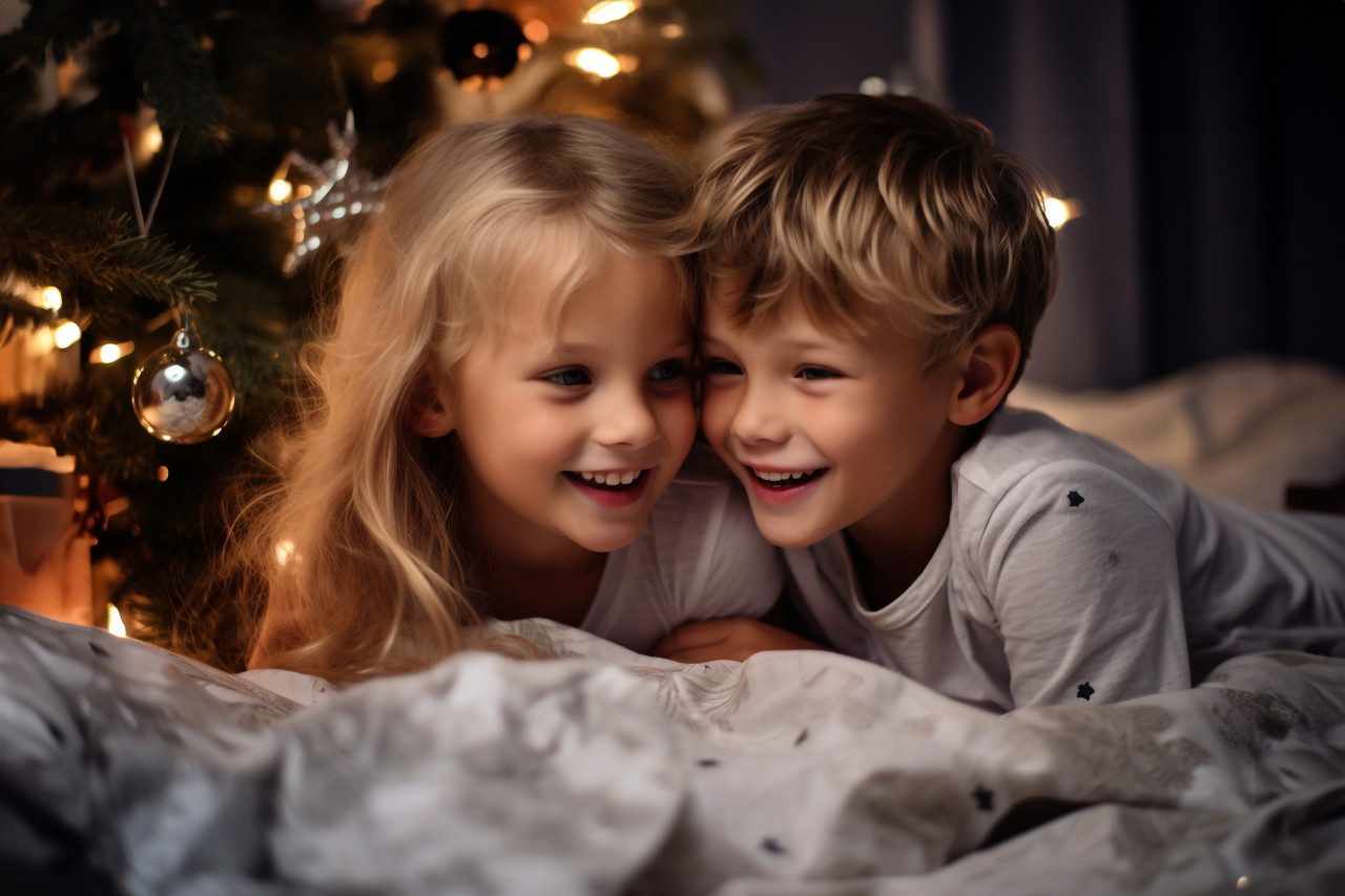 A photo of children hugging in bed while looking at a christmas tree, christmas festival people image