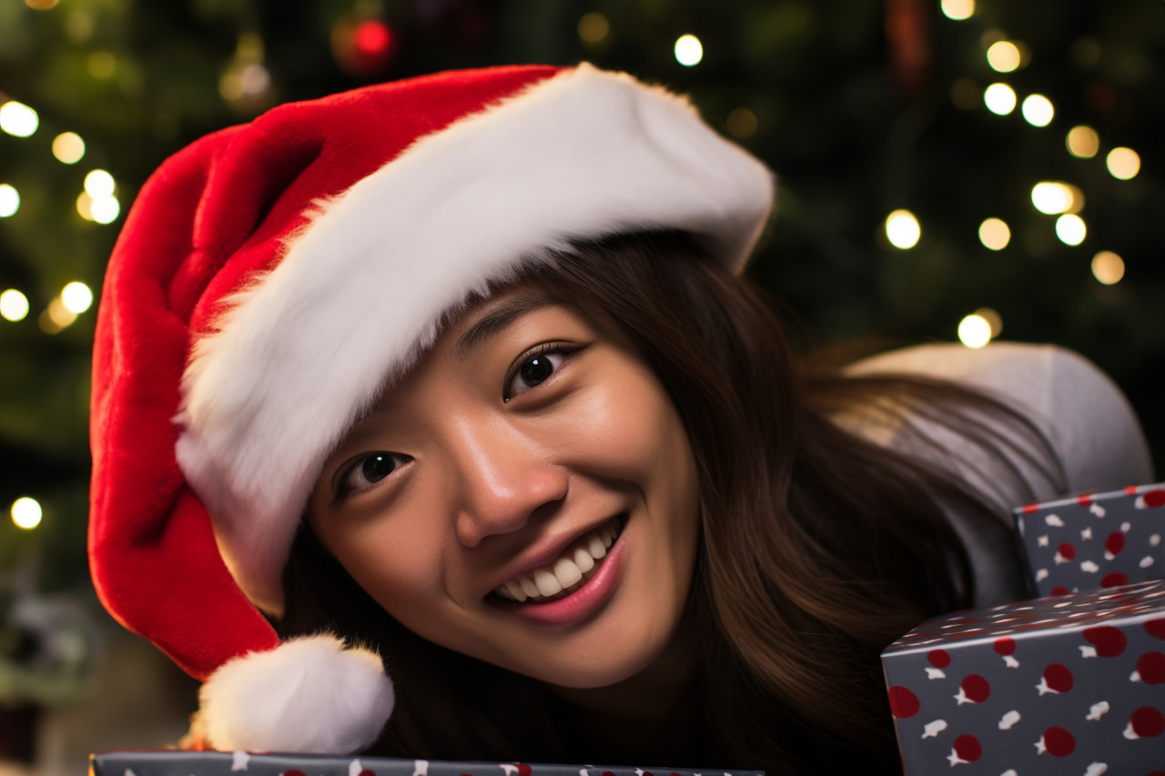 Picture of a young, happy asian woman with a santa hat, christmas festival people image