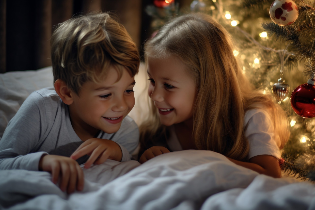 A photo of children hugging in bed while looking at a christmas tree, christmas festival people image
