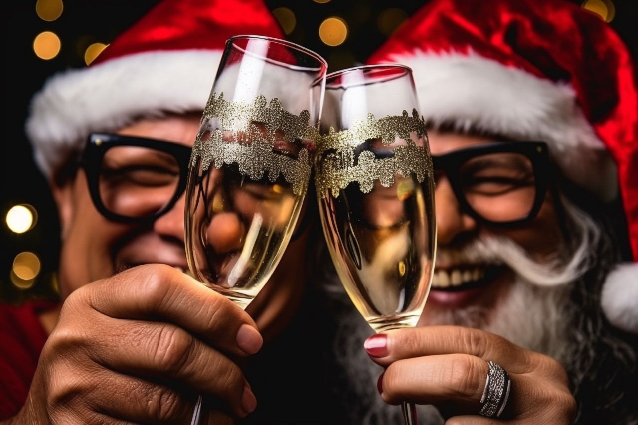 Close up photo of a man and woman clinking champagne glasses to celebrate the new year, christmas festival people image