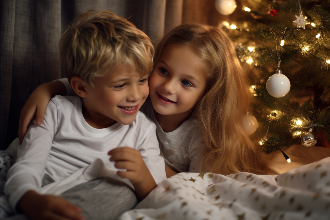 A photo of children hugging in bed while looking at a christmas tree, christmas festival people image