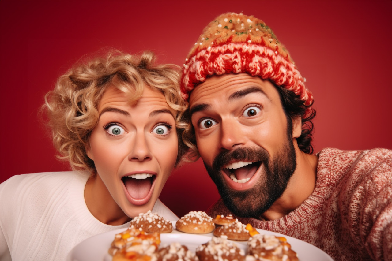 A photo of a crazy lady and guy at a christmas costume party taking selfies while wearing knitted jumpers with ornaments on a red background, christmas festival people image