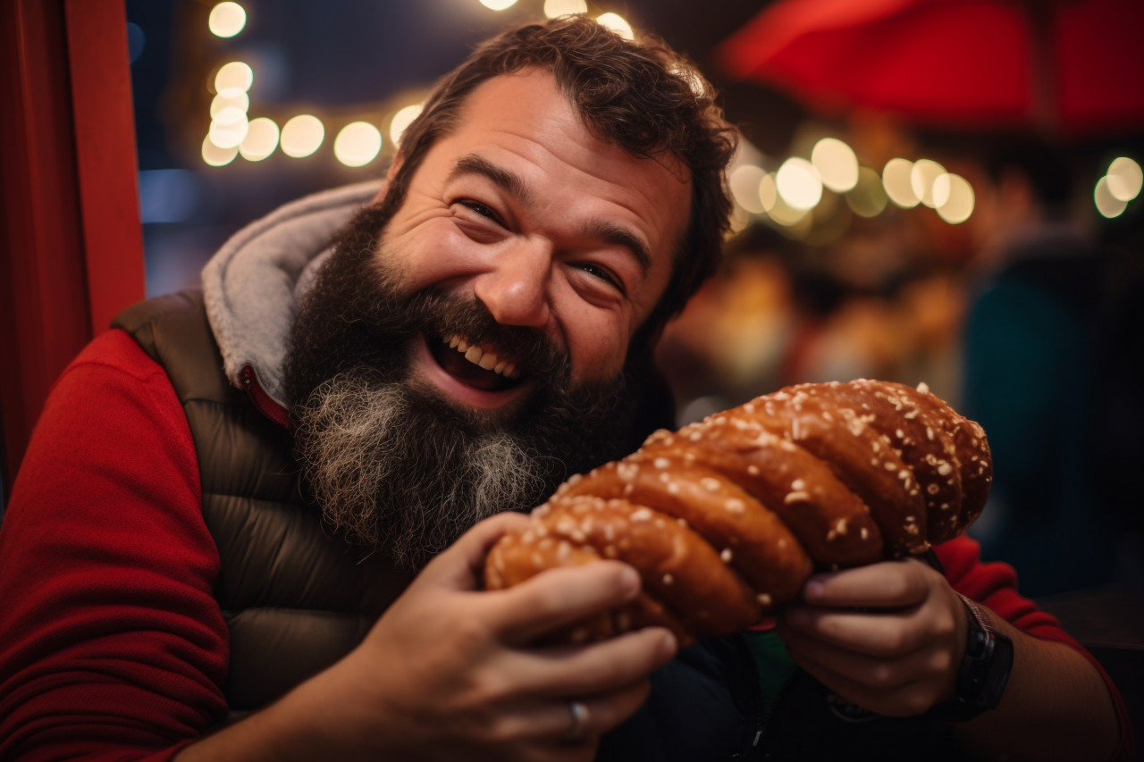 A photo of a happy man eating trdelnik a sweet pastry with his arm around his father at a christmas market, christmas festival people image