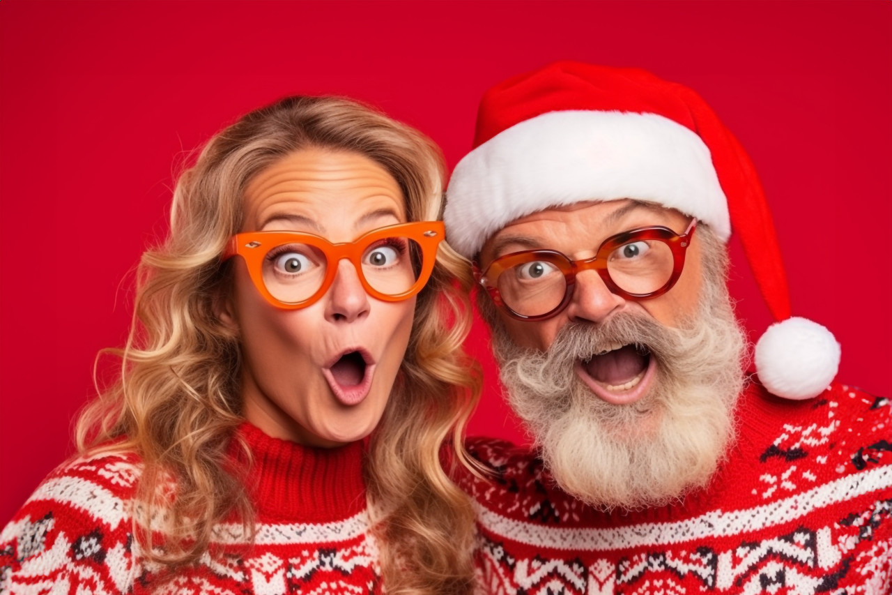 A photo of a crazy lady and guy at a christmas costume party taking selfies while wearing knitted jumpers with ornaments on a red background, christmas festival people image