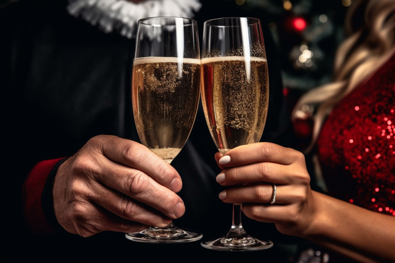 Close up photo of a man and woman clinking champagne glasses to celebrate the new year, christmas festival people image