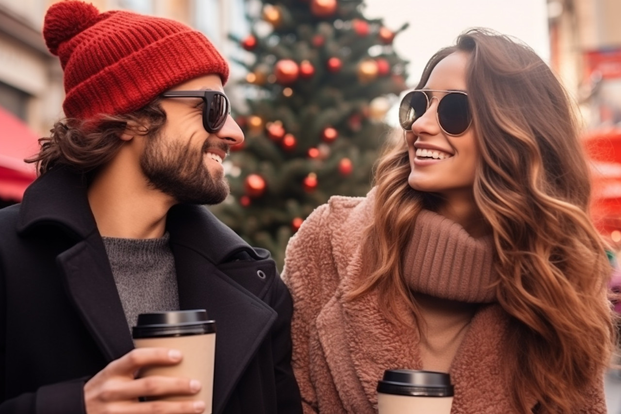 A picture of a picture of a happy and attractive couple wearing winter clothes and drinking christmas drinks outside in a city street, christmas festival people image