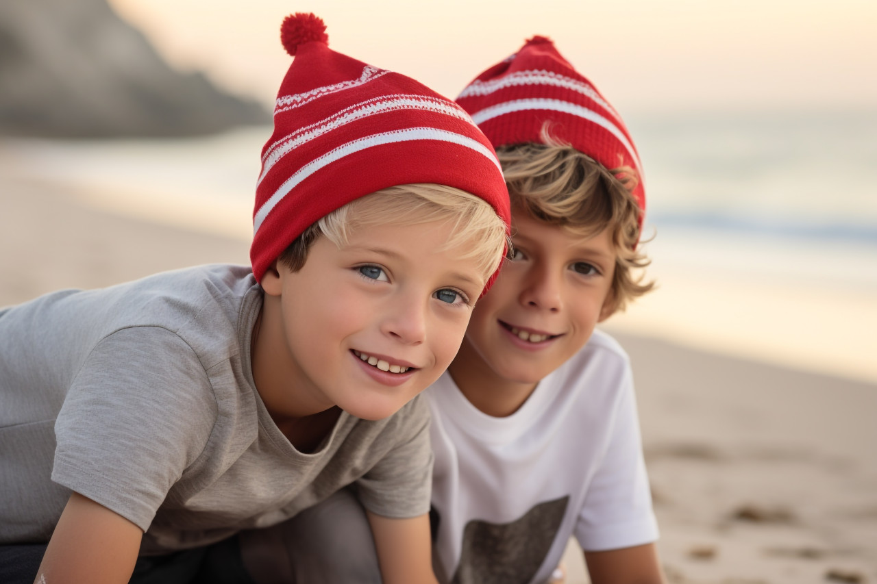 A picture of two young boys wearing santa hats sitting on the beach with the ocean behind them, christmas festival people image