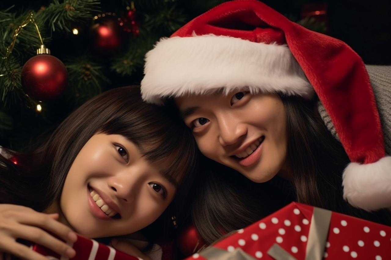 Picture of a young, happy asian woman with a santa hat, christmas festival people image