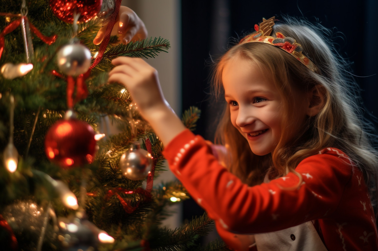 A picture of a happy girl putting ornaments on a christmas tree, christmas festival people image