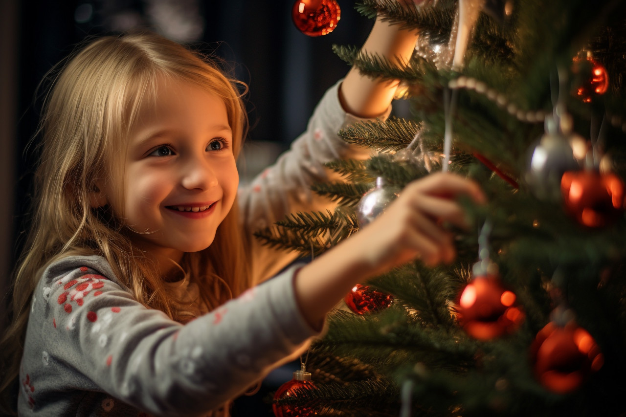 A picture of a happy girl putting ornaments on a christmas tree, christmas festival people image