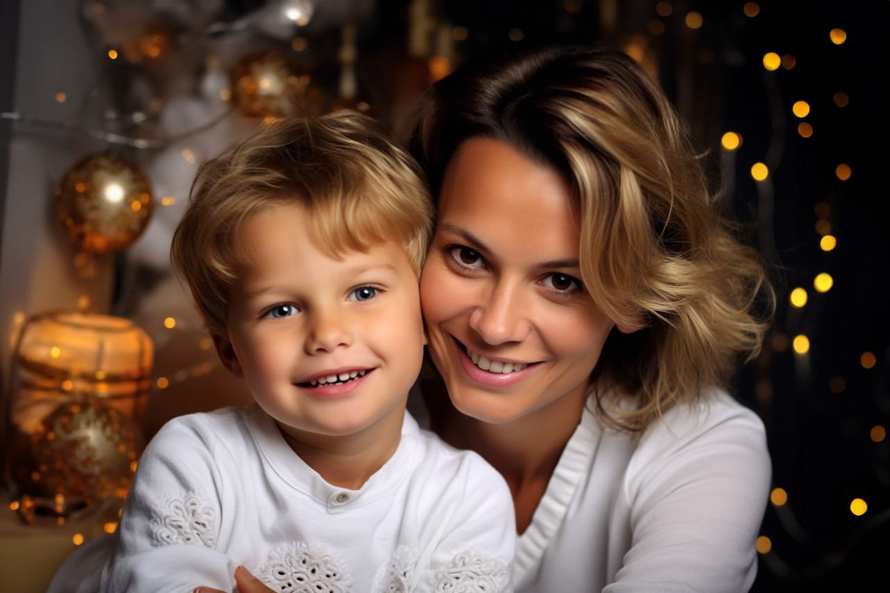 A photo of a happy mother and her cute child celebrating christmas and the holidays, christmas festival people image