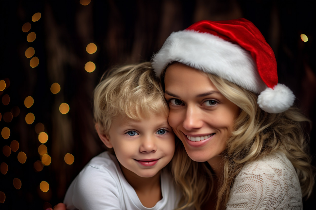 A photo of a happy mother and her cute child celebrating christmas and the holidays, christmas festival people image