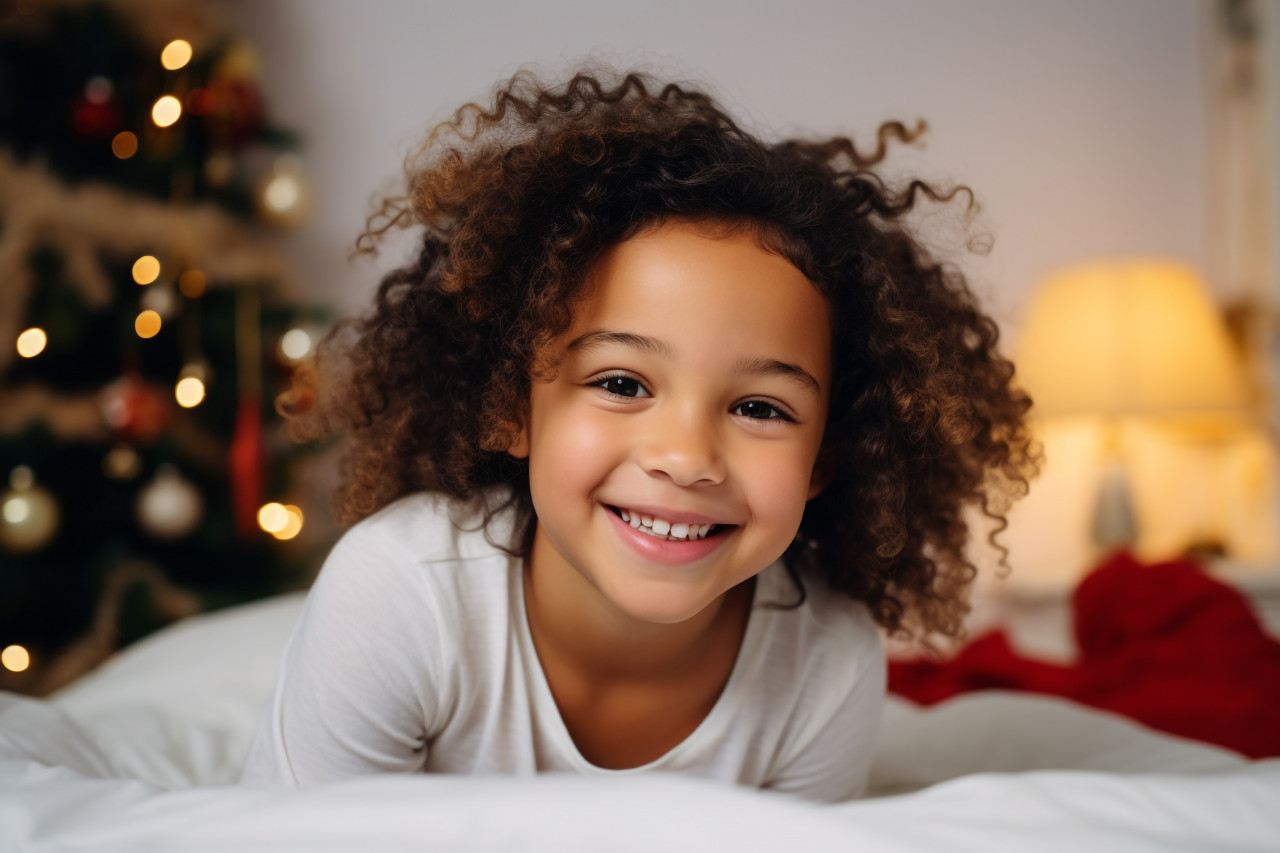 A picture of a happy mixed-race father and his beautiful child on christmas morning in their bedroom, christmas festival people image