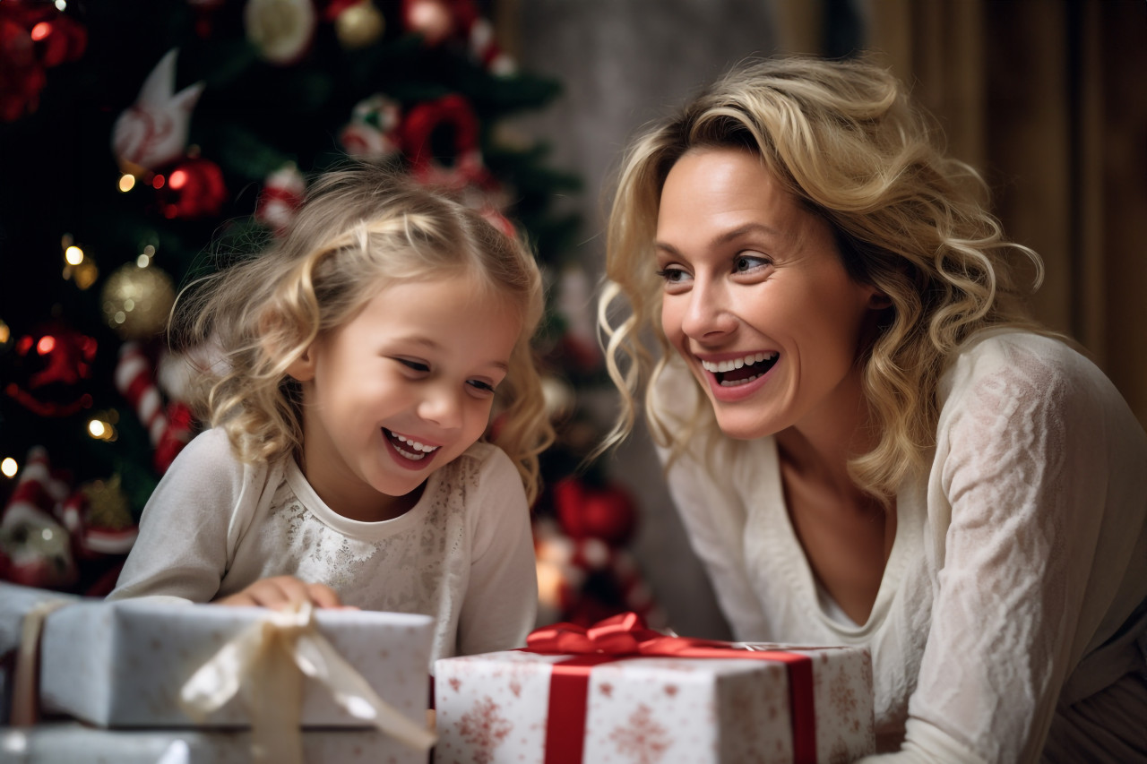 A picture of a happy mother and daughter on christmas morning, in front of the christmas tree with presents, christmas festival people image