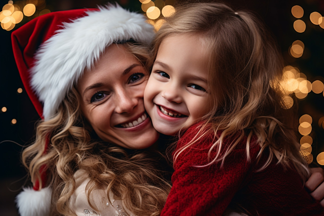 A photo of a happy family with children celebrating christmas, with a mother hugging her daughter, christmas festival people image