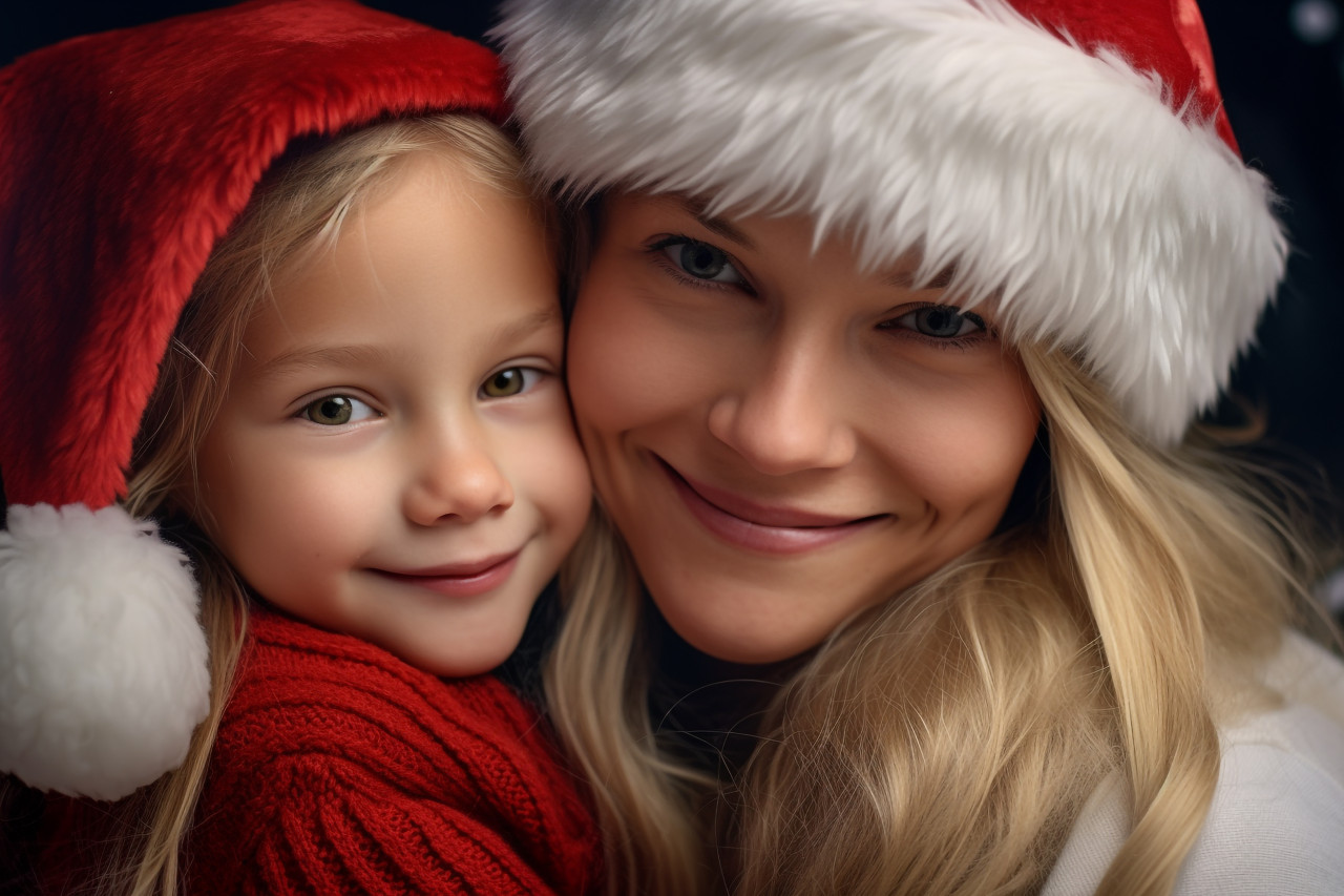 A photo of a happy family with children celebrating christmas, with a mother hugging her daughter, christmas festival people image
