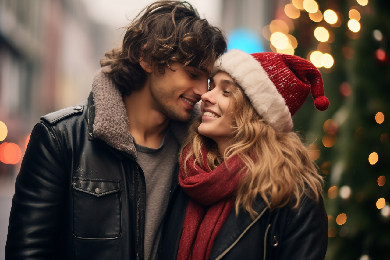 A picture of a young couple who are in love, holding each other close, on a street decorated for christmas, christmas festival people image