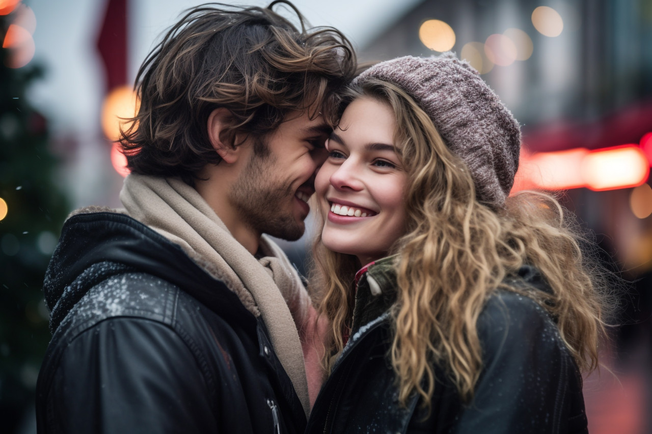 A picture of a young couple who are in love, holding each other close, on a street decorated for christmas, christmas festival people image