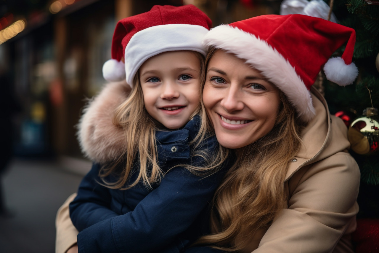 A photo of a happy family with children celebrating christmas, with a mother hugging her daughter, christmas festival people image