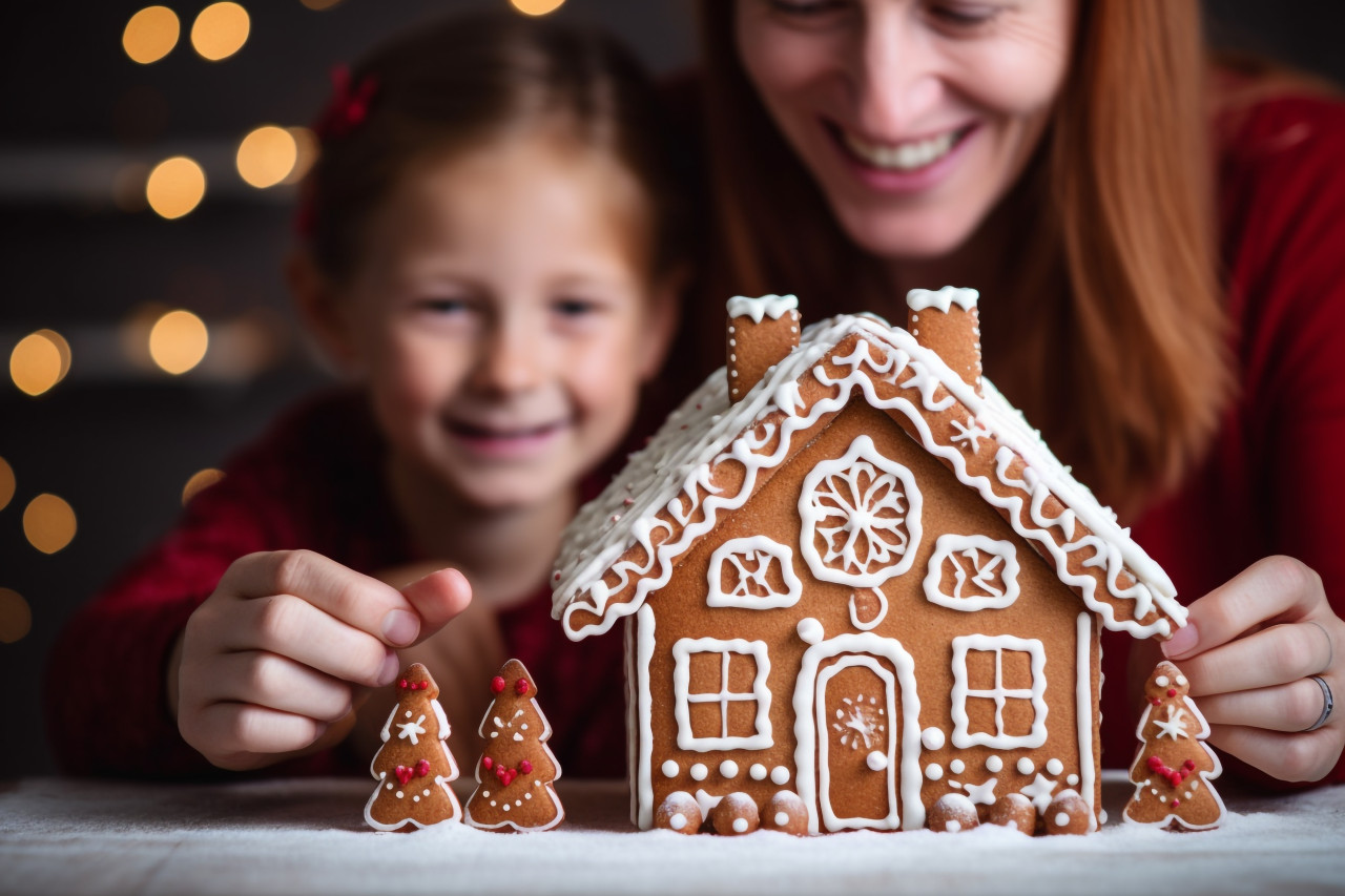 A photo of a happy adult and child holding a gingerbread house for christmas and the holidays, christmas festival people image