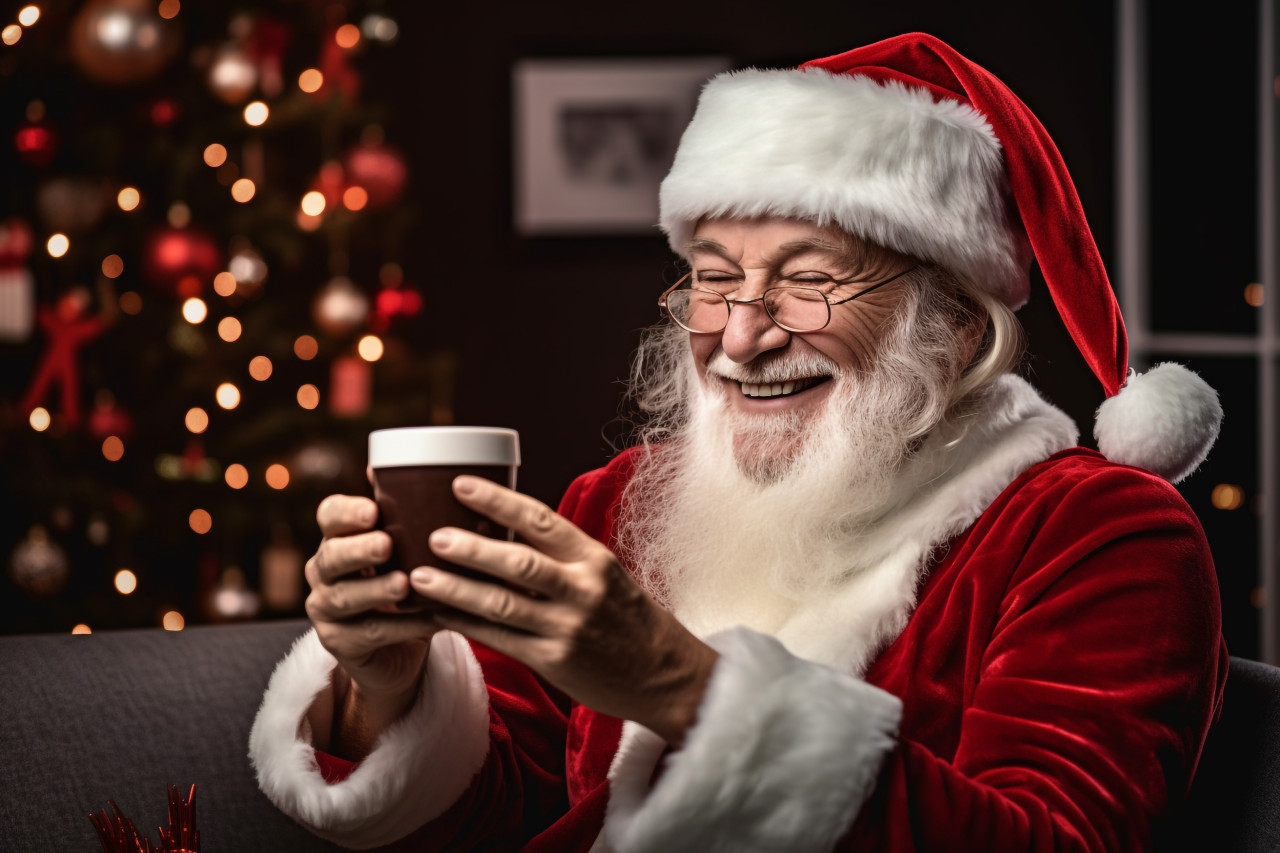 A picture of an older woman with white hair talking to a friend or husband who is not there on a video call, christmas festival people image