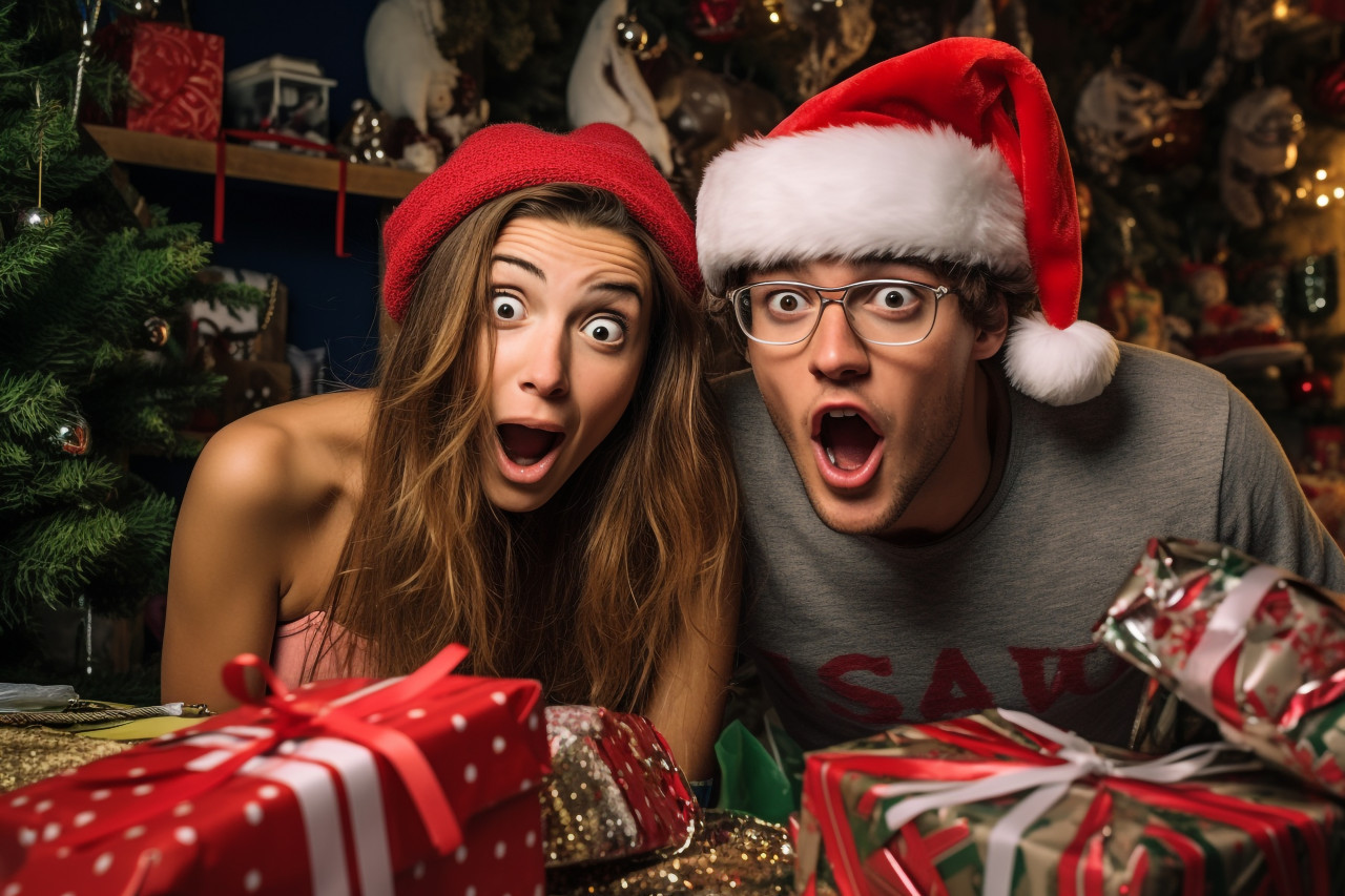 A photo of a young couple getting a christmas surprise for their holiday, christmas festival people image