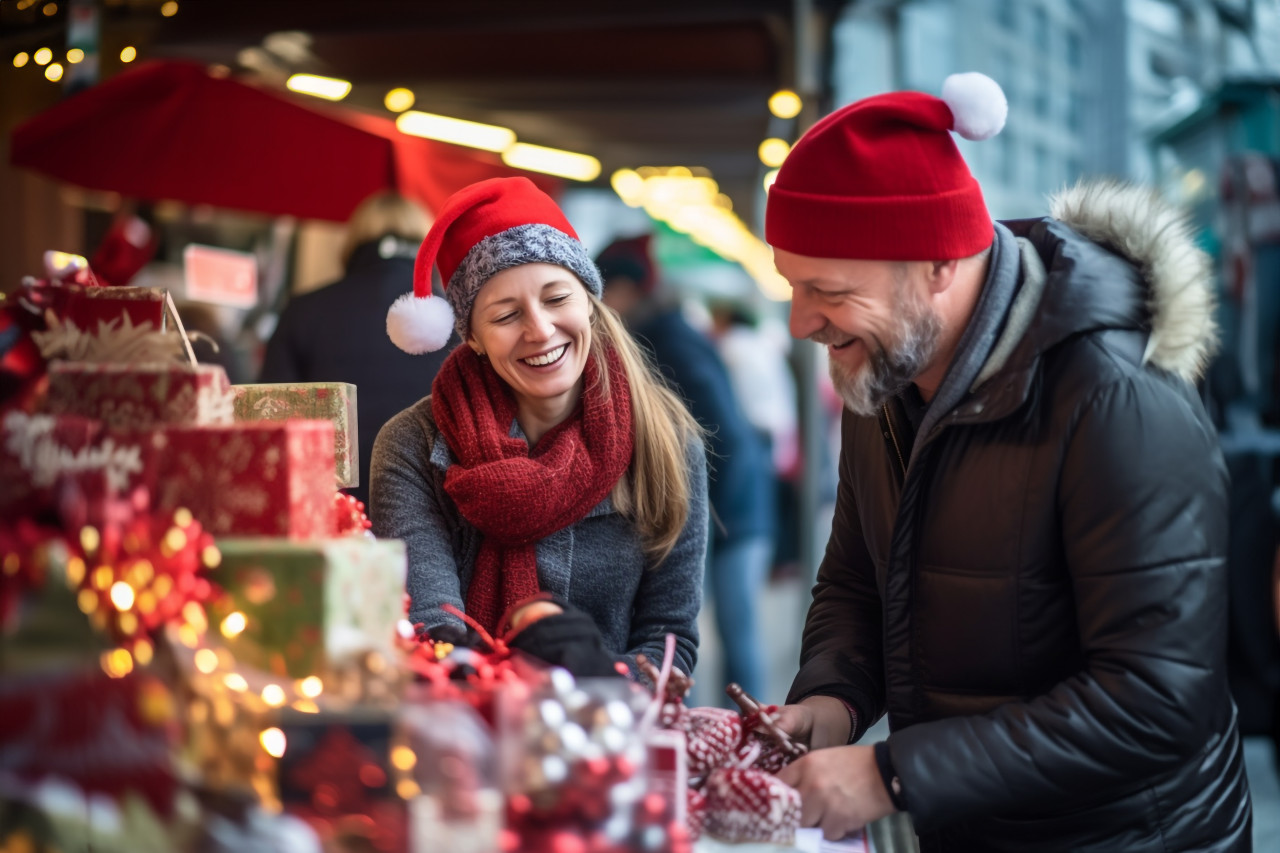 A picture of a happy couple shopping at a christmas market and picking out gifts, christmas festival people image