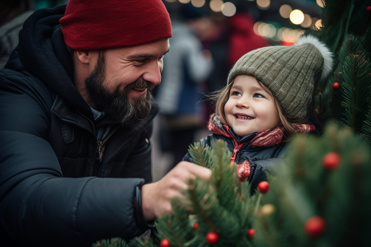 A photo of a happy father and his little daughter choosing a christmas tree at a market, christmas festival people image
