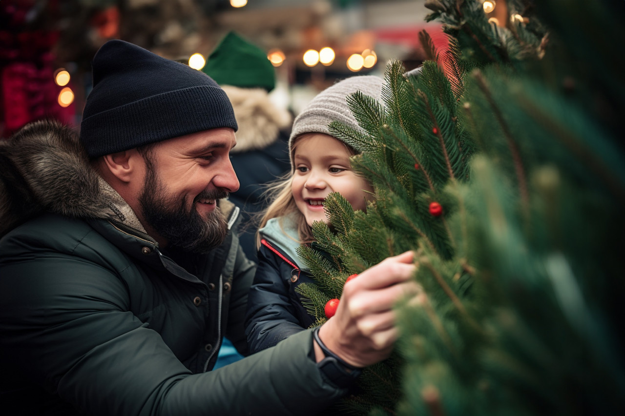 A photo of a happy father and his little daughter choosing a christmas tree at a market, christmas festival people image