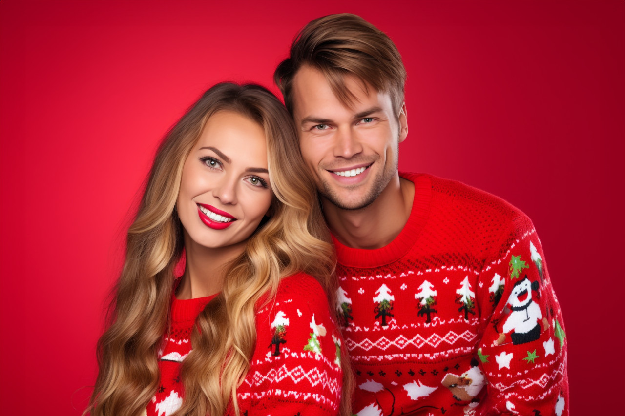A picture of two people wearing red christmas sweaters, standing in front of a colorful background, christmas festival people image