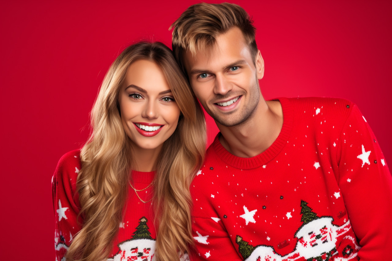 A picture of two people wearing red christmas sweaters, standing in front of a colorful background, christmas festival people image