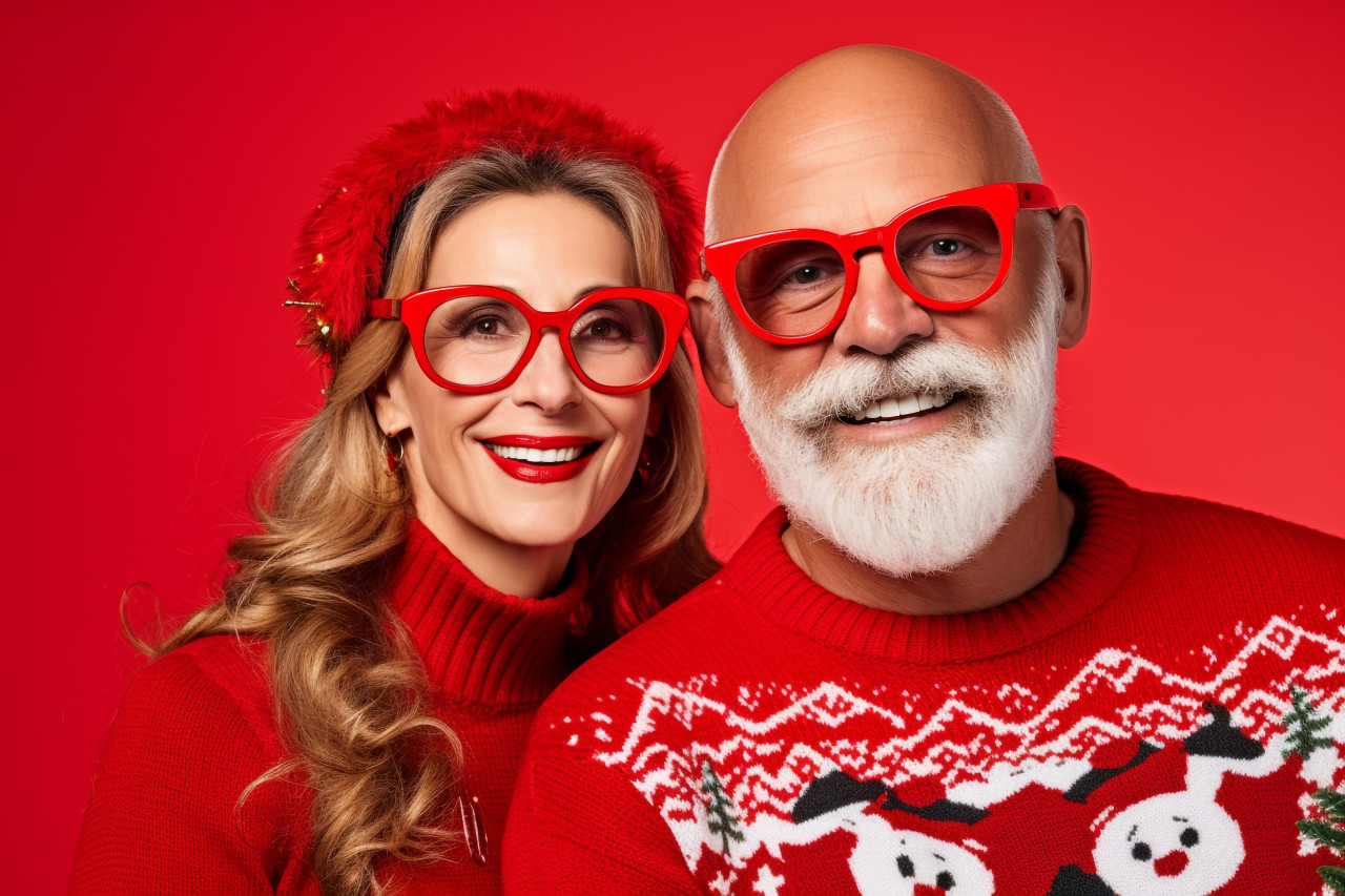 A picture of two people wearing red christmas sweaters, standing in front of a colorful background, christmas festival people image