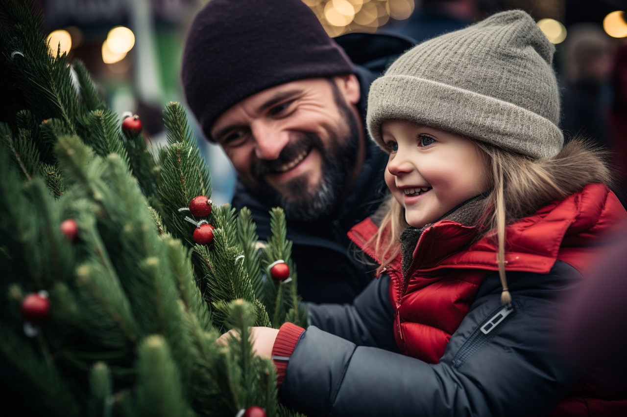 A photo of a happy father and his little daughter choosing a christmas tree at a market, christmas festival people image