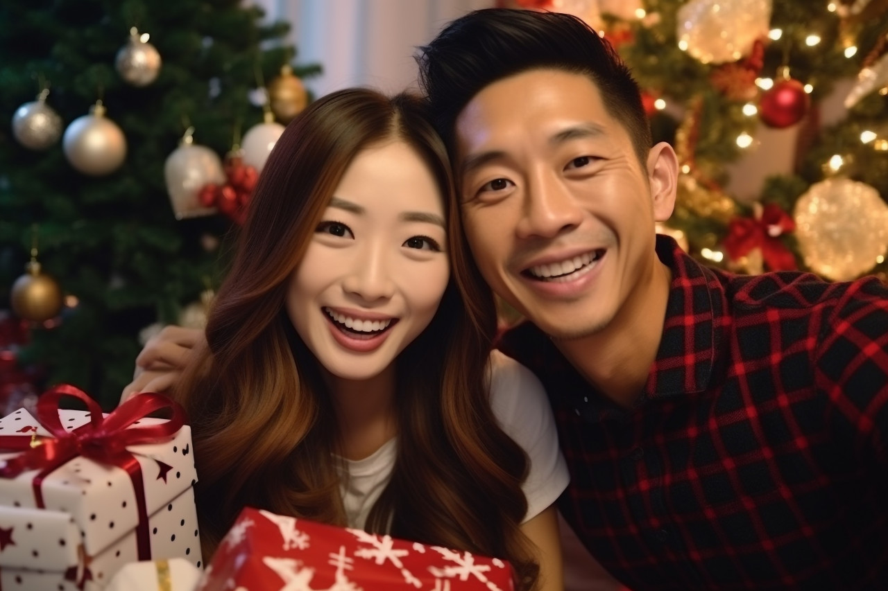 A happy asian couple wishing their family a merry christmas on a video call with a tablet, christmas festival people image