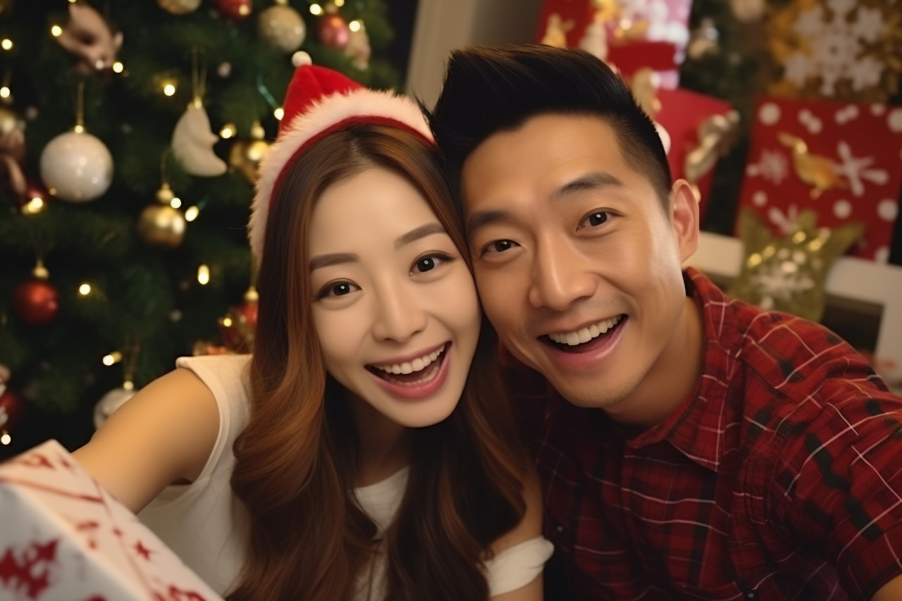 A happy asian couple wishing their family a merry christmas on a video call with a tablet, christmas festival people image