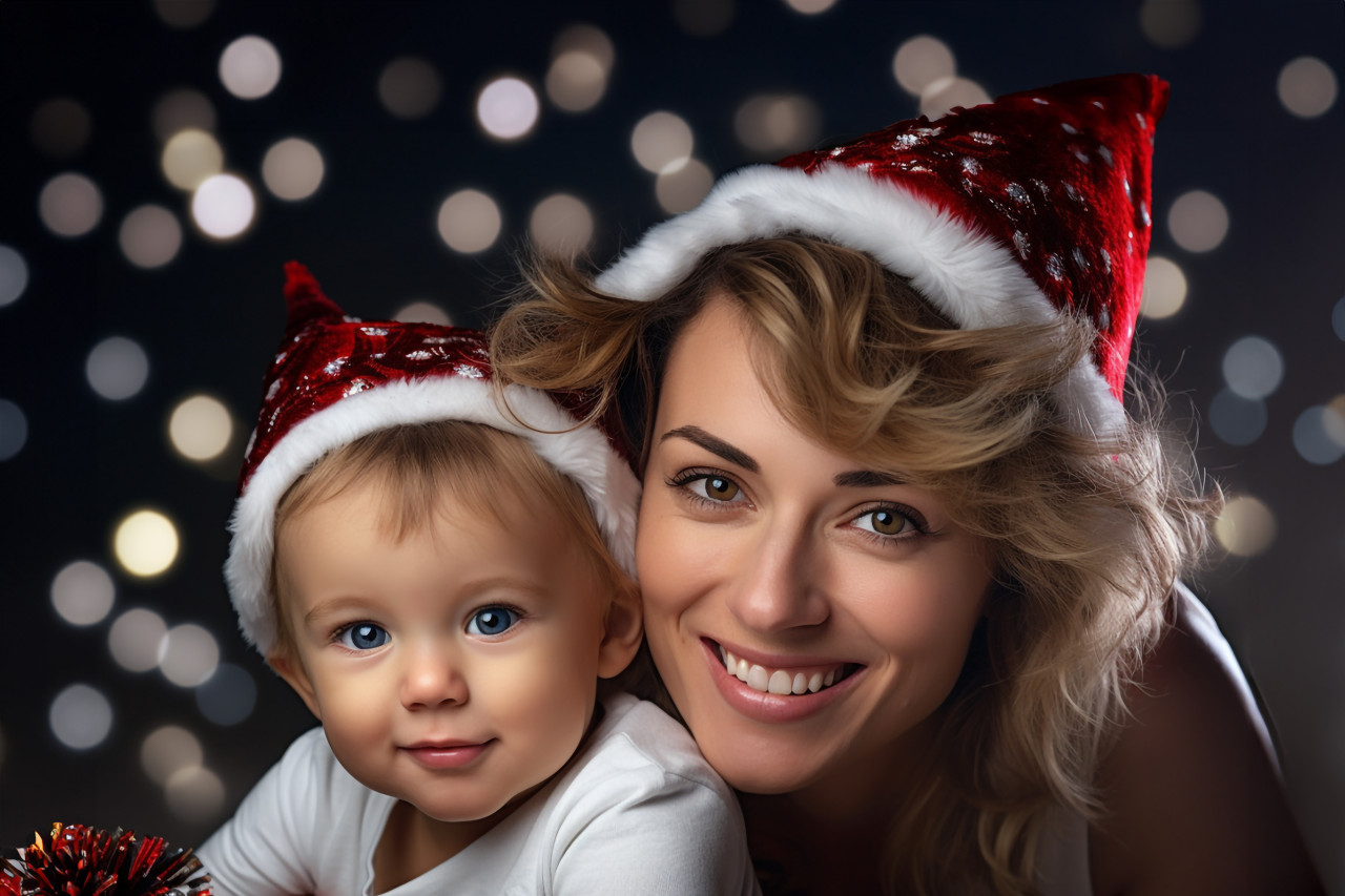 A picture of a happy mom and her baby wearing santa hats, christmas festival people image