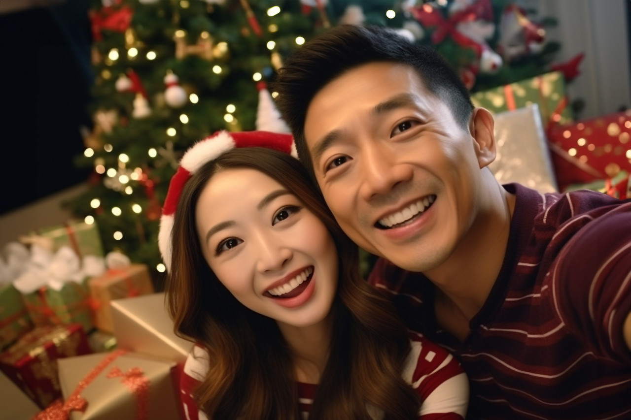 A happy asian couple wishing their family a merry christmas on a video call with a tablet, christmas festival people image