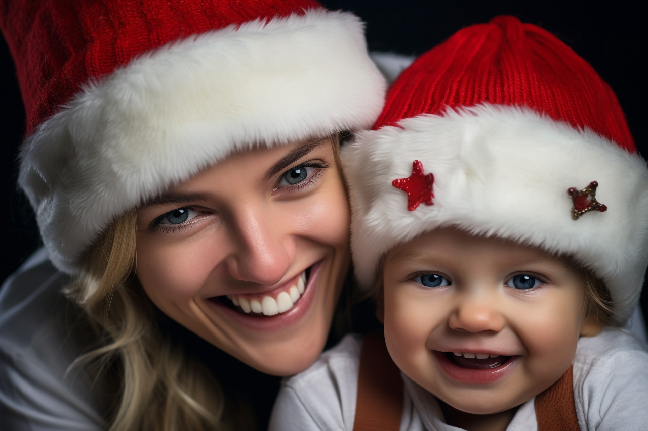 A picture of a happy mom and her baby wearing santa hats, christmas festival people image