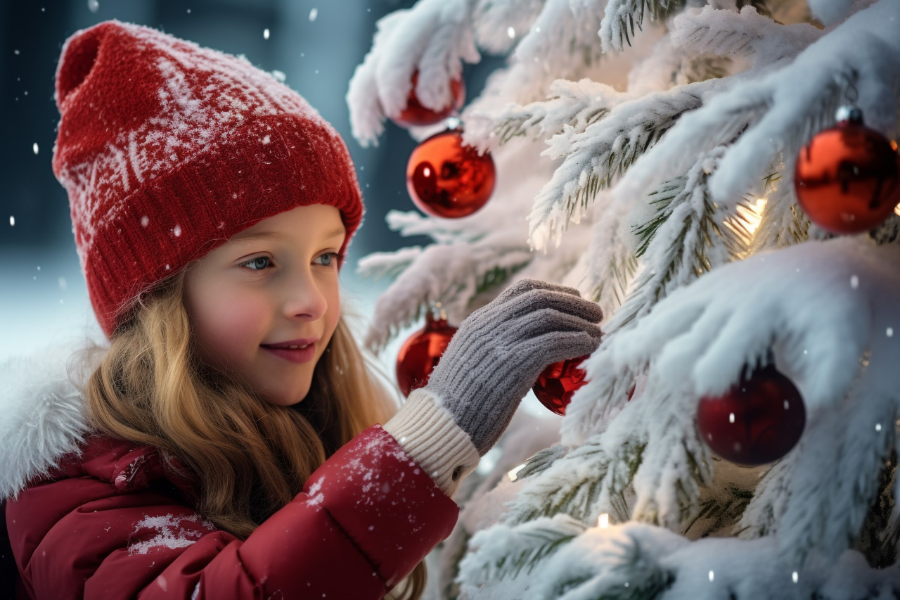 A photo of a mother and daughter decorating a christmas tree in a snowy winter scene outdoors, christmas festival people image