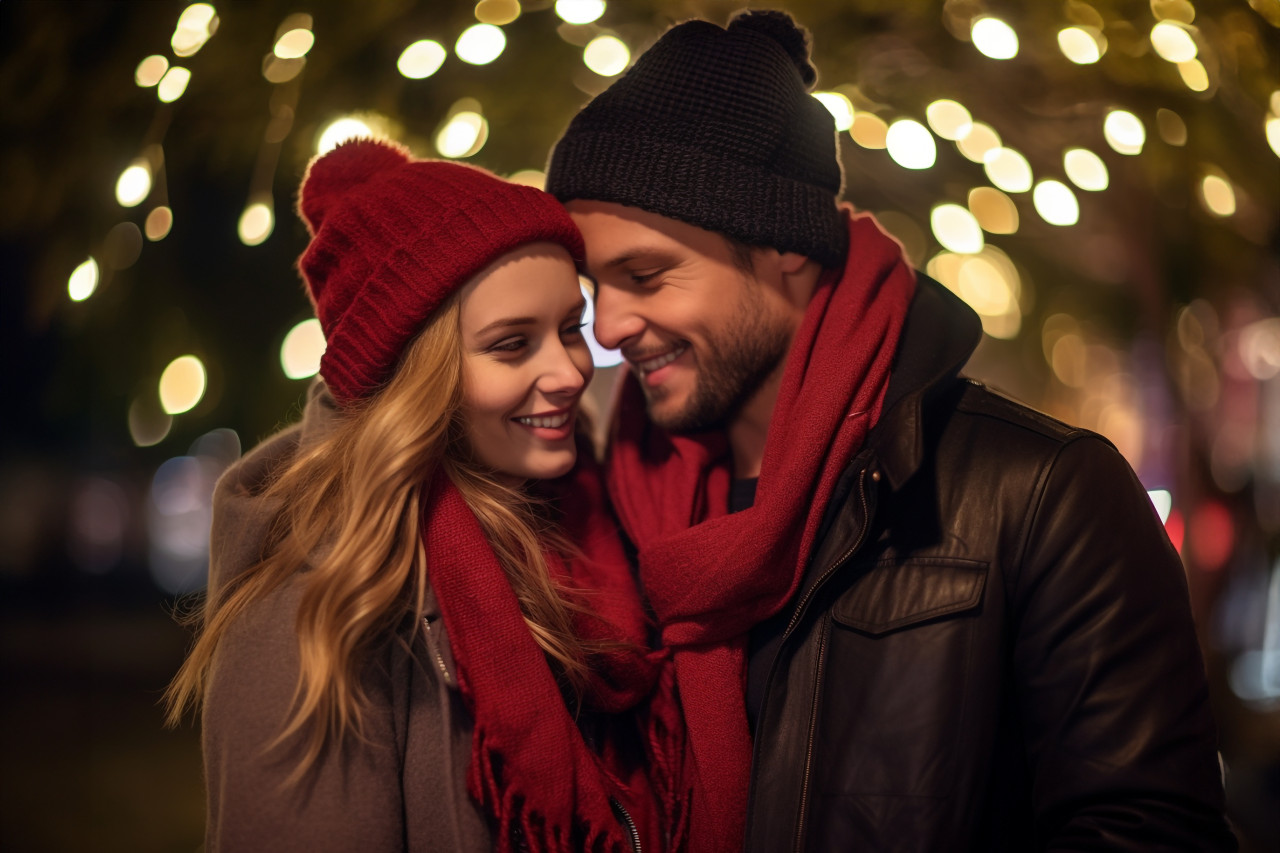 A photo of a couple hugging and enjoying christmas lights outside in the evening, christmas festival people image