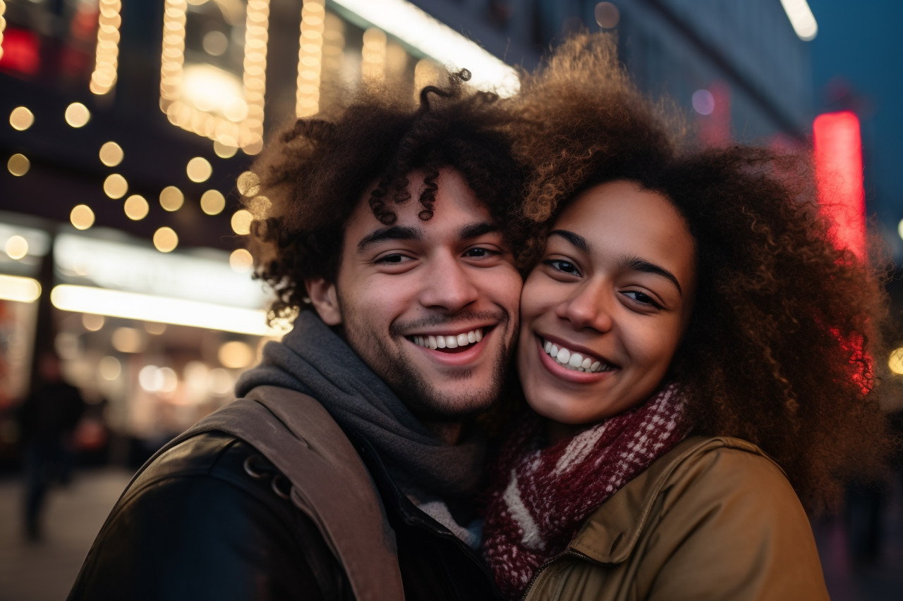 A picture of a happy couple from different races, together outside in the city, celebrating the new yea, christmas festival people image