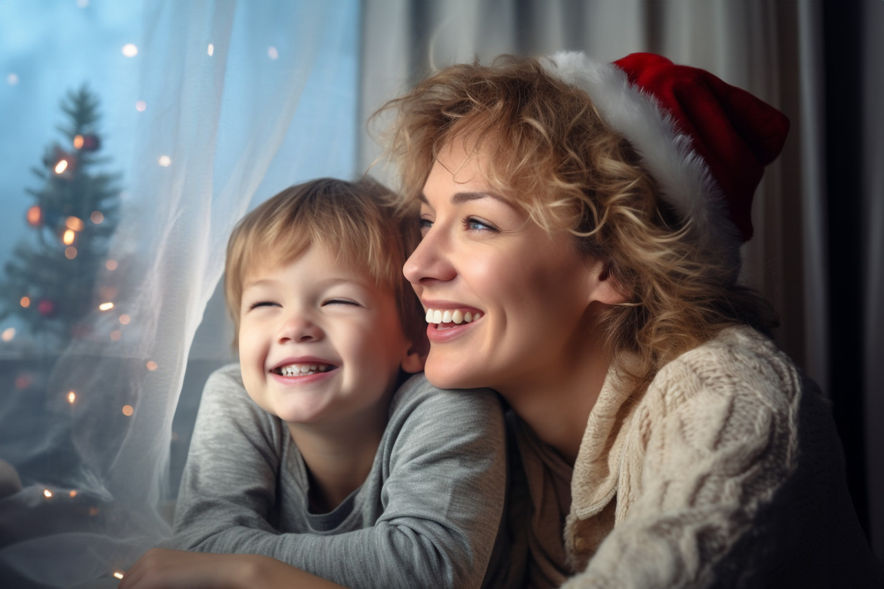 A picture of a happy mother and her son sitting on the windowsill next to a christmas tree, christmas festival people image
