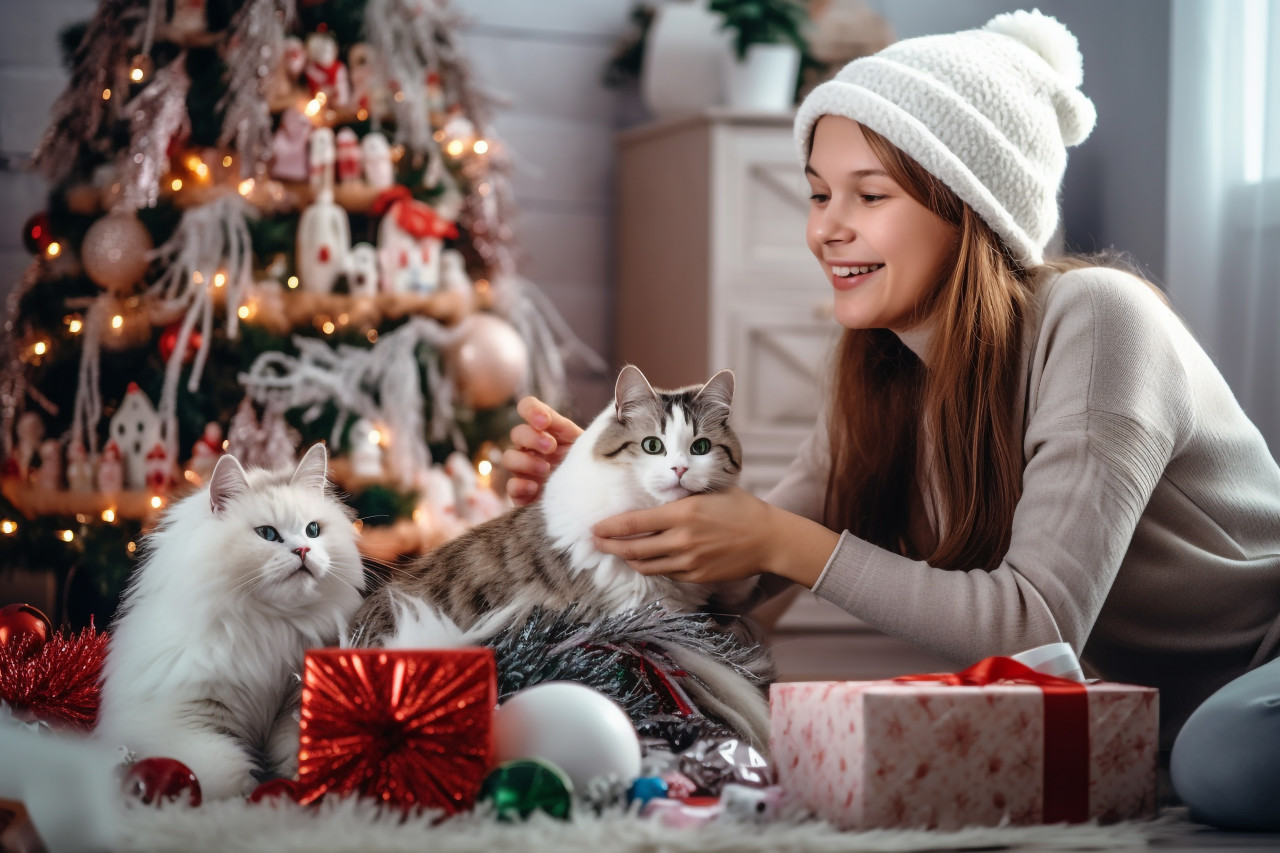 A photo of a mom and daughter having fun decorating the living room for christmas, christmas festival people image