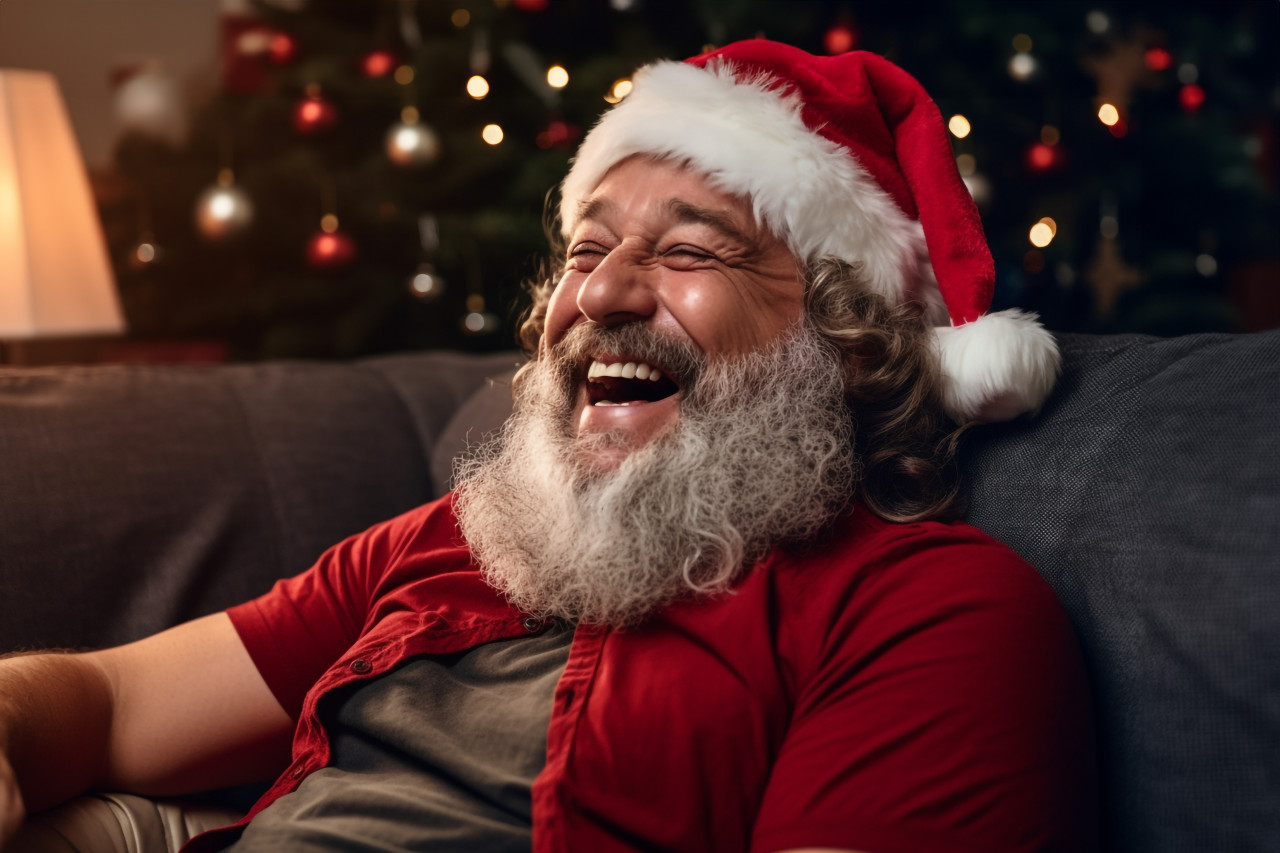A picture of an older dad sitting on a couch at home at christmas, laughing, christmas festival people image