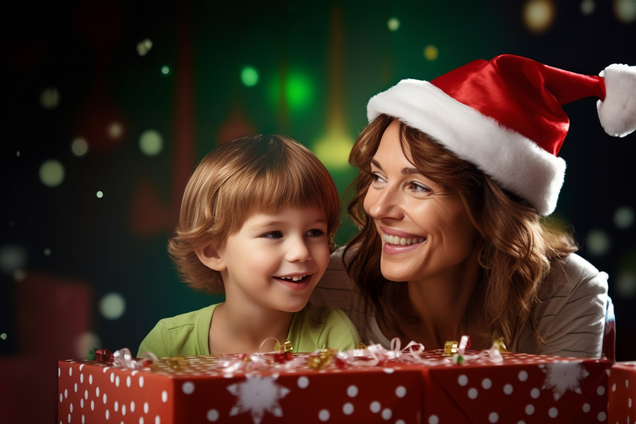 A photo of a family celebrating christmas, with a happy mother and her daughter wearing santa helper hats and holding a gift box in front of christmas lights, christmas festival people image