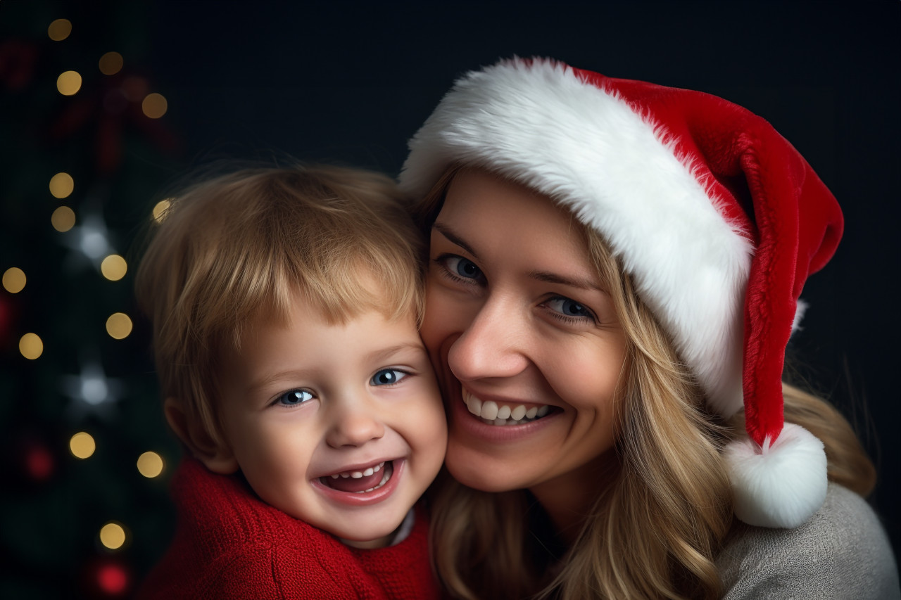 A picture of a happy mom and her baby wearing santa hats, christmas festival people image
