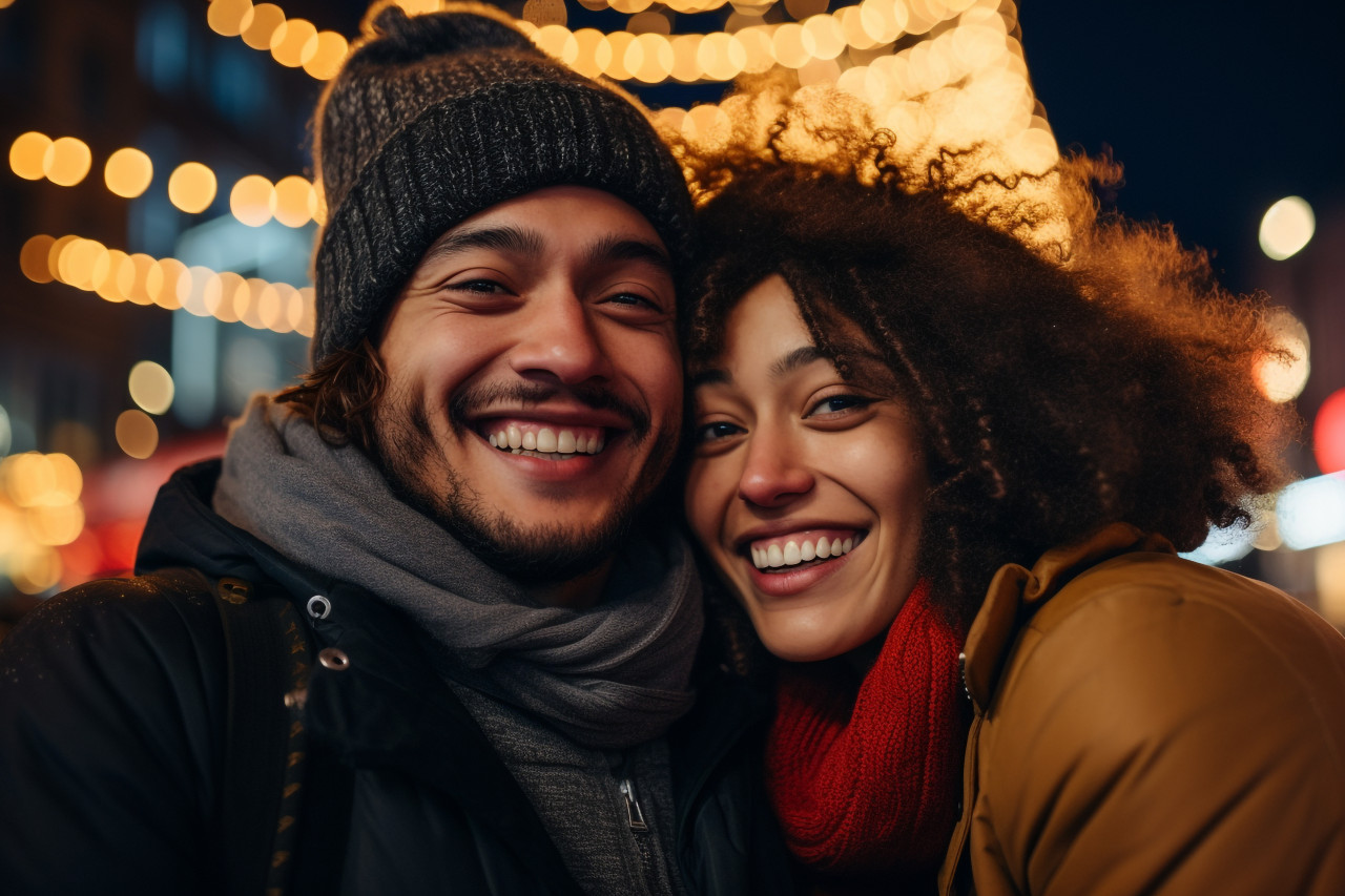 A picture of a happy couple from different races, together outside in the city, celebrating the new yea, christmas festival people image