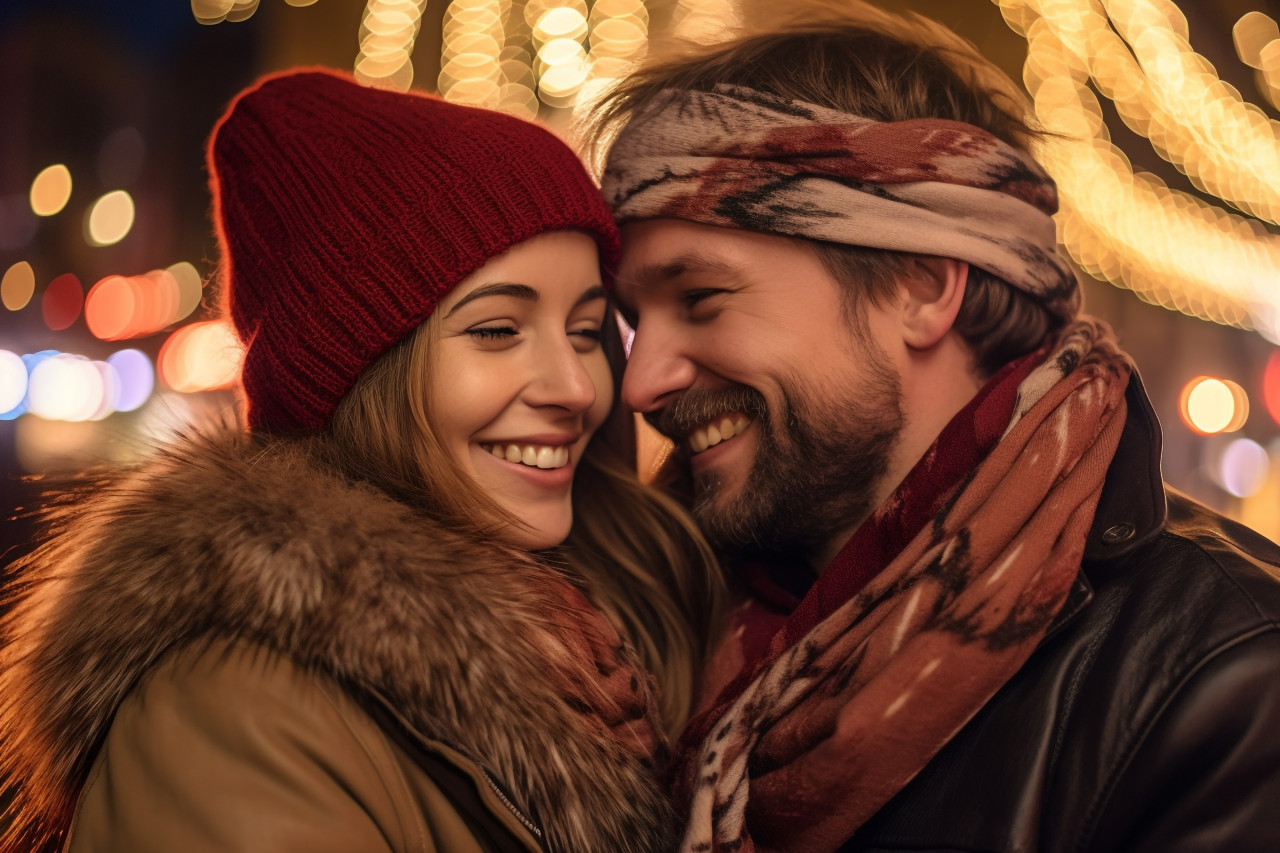 A photo of a couple hugging and enjoying christmas lights outside in the evening, christmas festival people image