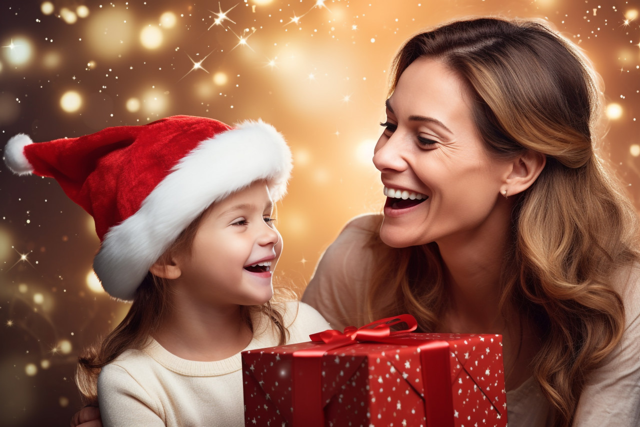 A photo of a family celebrating christmas, with a happy mother and her daughter wearing santa helper hats and holding a gift box in front of christmas lights, christmas festival people image