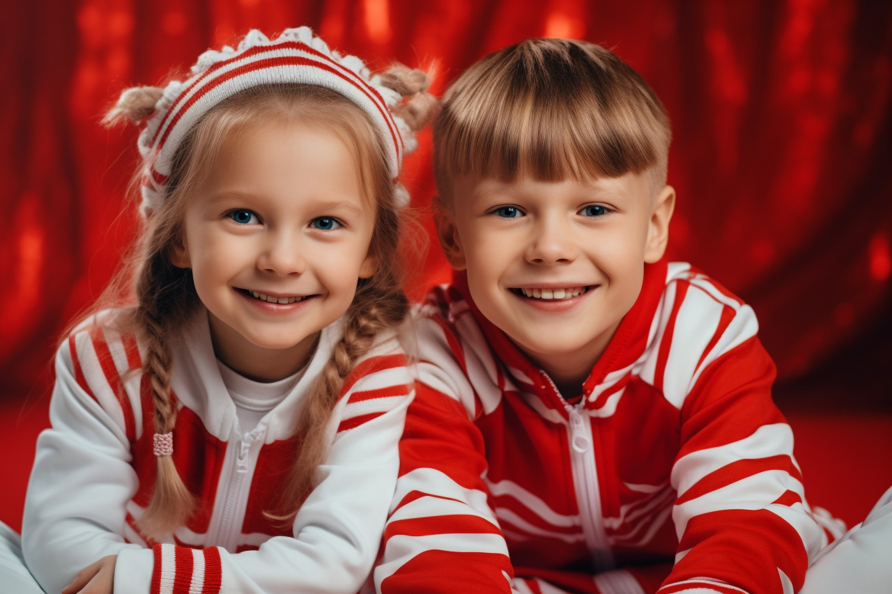 A picture of two happy kids in red and white clothes having fun together, christmas festival people image